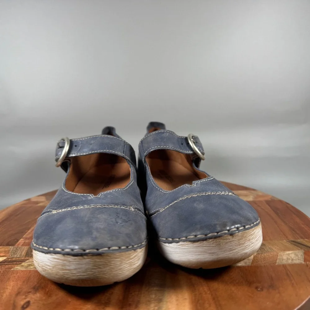 Josef Seibel Blue Leather Mary Jane Buckle Shoes Womens 39 Contrast Stitching